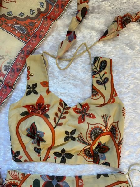 Majestic Cream Floral Printed Lehenga with Sleeveless Blouse for Festive Wear Designer Lehenga Choli