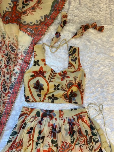 Majestic Cream Floral Printed Lehenga with Sleeveless Blouse for Festive Wear Designer Lehenga Choli