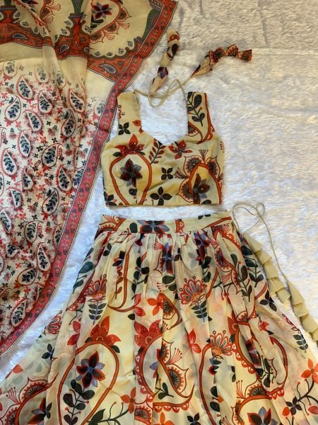 Majestic Cream Floral Printed Lehenga with Sleeveless Blouse for Festive Wear Designer Lehenga Choli