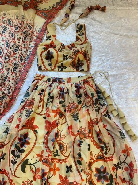 Majestic Cream Floral Printed Lehenga with Sleeveless Blouse for Festive Wear Designer Lehenga Choli