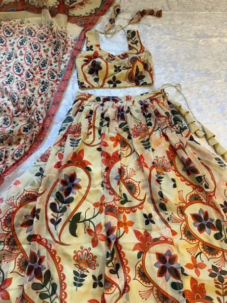 Majestic Cream Floral Printed Lehenga with Sleeveless Blouse for Festive Wear Designer Lehenga Choli