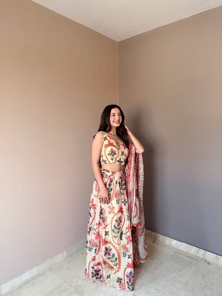 Majestic Cream Floral Printed Lehenga with Sleeveless Blouse for Festive Wear Designer Lehenga Choli