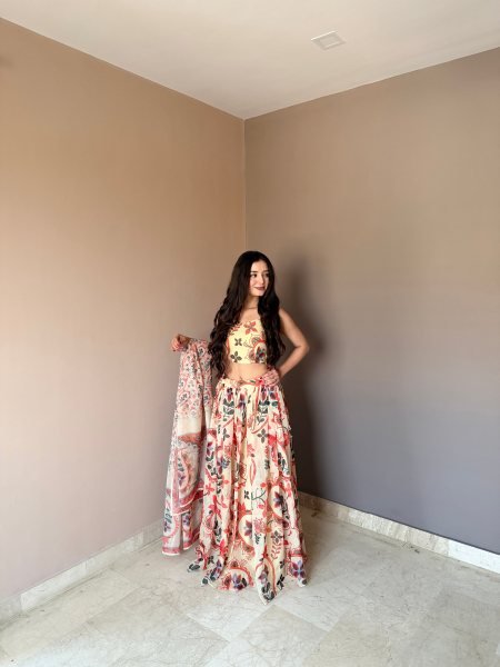 Majestic Cream Floral Printed Lehenga with Sleeveless Blouse for Festive Wear Designer Lehenga Choli
