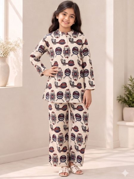 Majestic Cream Kids Printed Cotton Cord Set for Everyday Wear Kurtis