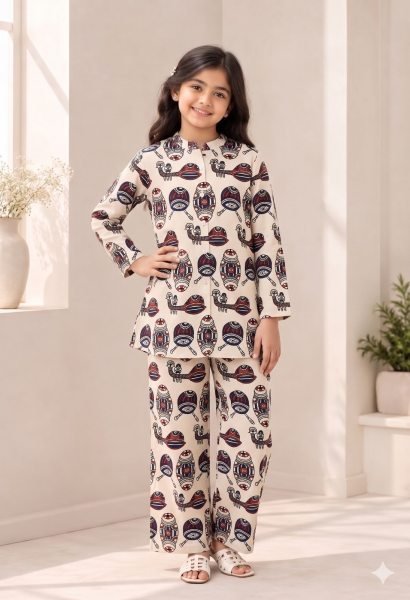 Majestic Cream Kids Printed Cotton Cord Set for Everyday Wear Girls Wear
