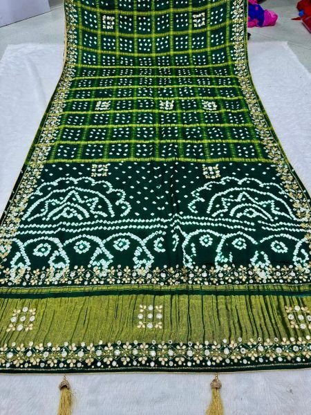Majestic Green Gajji Silk Saree with Chex Bandhani and Rich Handwork 