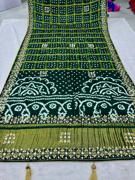 Majestic Green Gajji Silk Saree with Chex Bandhani and Rich Handwork Bandhej Sarees Wholesale