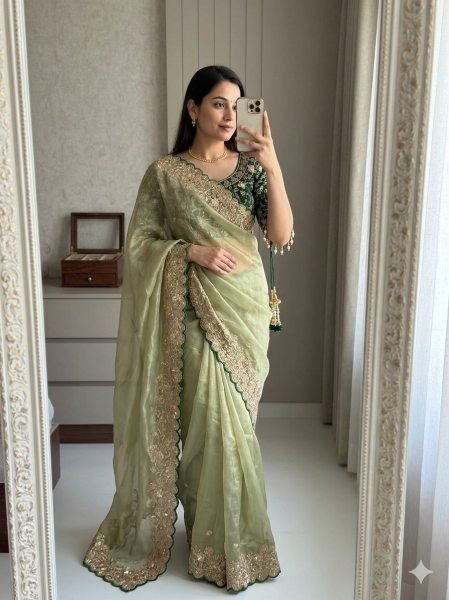 Majestic Green Party Wear Saree with Sequence Work for Special Occasions Designer Wedding Sarees Wholesale
