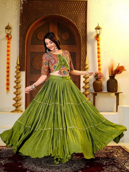 Majestic Green Pure Cotton Lehenga Choli with Ribbon Lace   Kodi Hand Work for Navratri 