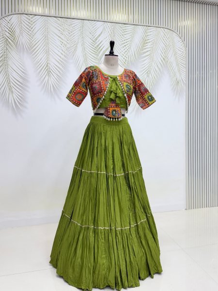 Majestic Green Pure Cotton Lehenga Choli with Ribbon Lace   Kodi Hand Work for Navratri Navratri Lehnega Choli