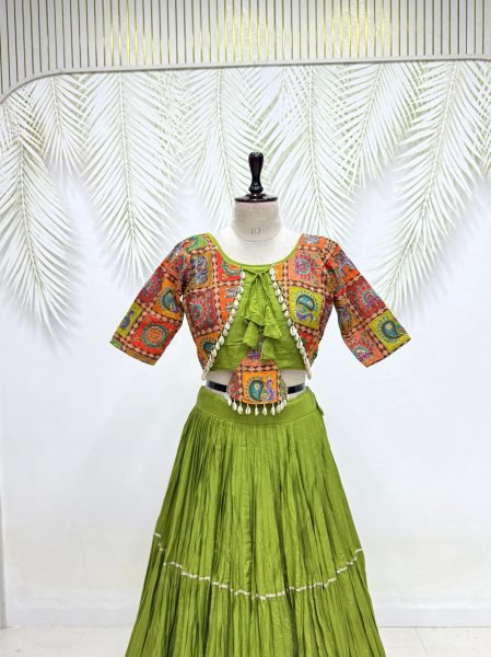 Majestic Green Pure Cotton Lehenga Choli with Ribbon Lace   Kodi Hand Work for Navratri Navratri Lehnega Choli