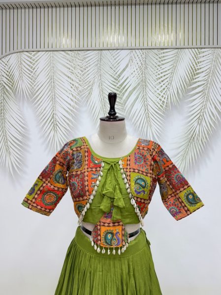 Majestic Green Pure Cotton Lehenga Choli with Ribbon Lace   Kodi Hand Work for Navratri Navratri Lehnega Choli