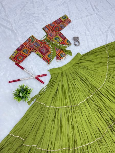 Majestic Green Pure Cotton Lehenga Choli with Ribbon Lace   Kodi Hand Work for Navratri Navratri Lehnega Choli