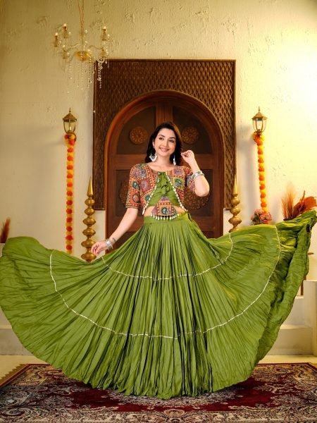Majestic Green Pure Cotton Lehenga Choli with Ribbon Lace   Kodi Hand Work for Navratri Navratri Lehnega Choli