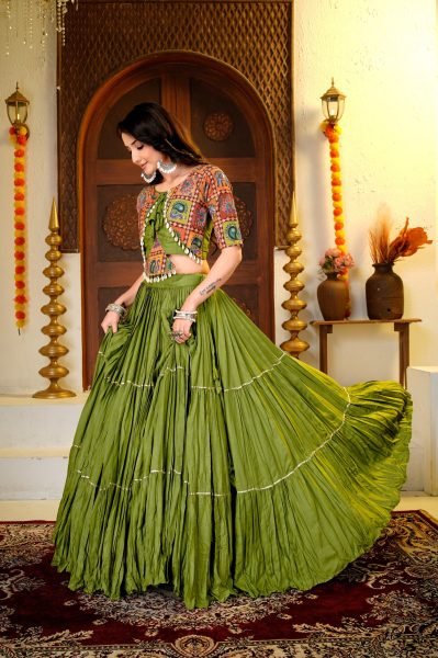 Majestic Green Pure Cotton Lehenga Choli with Ribbon Lace   Kodi Hand Work for Navratri Navratri Lehnega Choli
