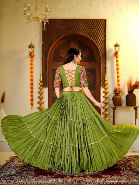 Majestic Green Pure Cotton Lehenga Choli with Ribbon Lace   Kodi Hand Work for Navratri Navratri Lehnega Choli