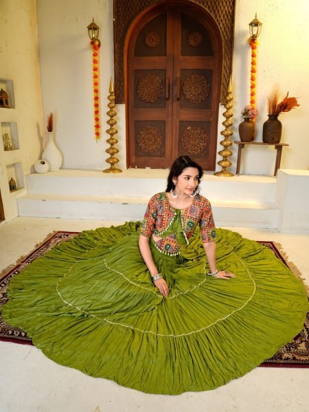 Majestic Green Pure Cotton Lehenga Choli with Ribbon Lace   Kodi Hand Work for Navratri Navratri Lehnega Choli
