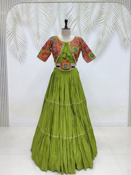 Majestic Green Pure Cotton Lehenga Choli with Ribbon Lace   Kodi Hand Work for Navratri Navratri Lehnega Choli