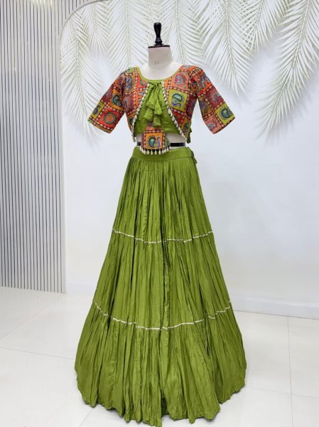Majestic Green Pure Cotton Lehenga Choli with Ribbon Lace   Kodi Hand Work for Navratri Navratri Lehnega Choli
