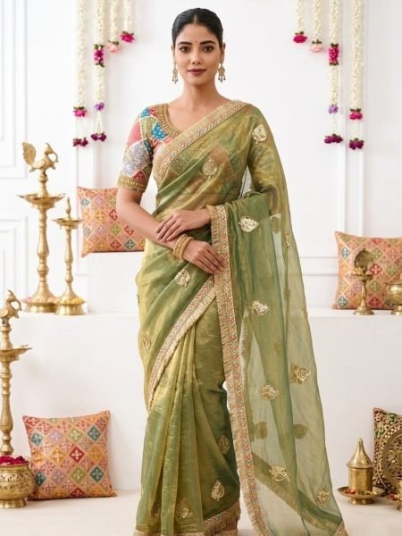 Majestic Green Soft Fendy Satin Saree with C-Pallu Sequins Embroidery at Wholesale Rate 