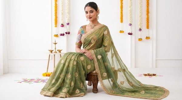 Majestic Green Soft Fendy Satin Saree with C-Pallu Sequins Embroidery at Wholesale Rate Designer Wedding Sarees Wholesale