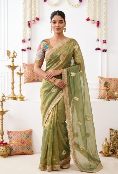 Majestic Green Soft Fendy Satin Saree with C-Pallu Sequins Embroidery at Wholesale Rate Designer Wedding Sarees Wholesale