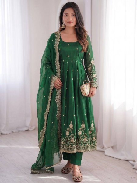 Majestic Green Women’s Fandy Silk Gown Set with Heavy Sequins Work Ready To Wear Suit