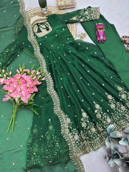 Majestic Green Women’s Fandy Silk Gown Set with Heavy Sequins Work Ready To Wear Collection