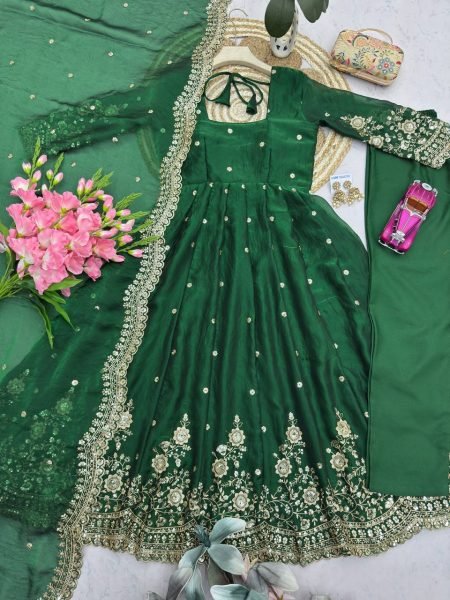 Majestic Green Women’s Fandy Silk Gown Set with Heavy Sequins Work Ready To Wear Collection