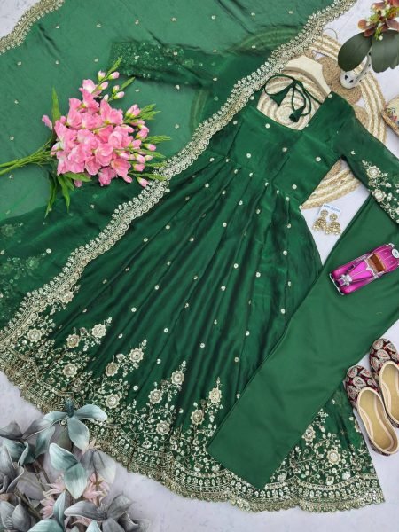 Majestic Green Women’s Fandy Silk Gown Set with Heavy Sequins Work Ready To Wear Collection