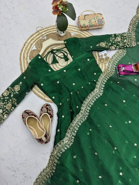 Majestic Green Women’s Fandy Silk Gown Set with Heavy Sequins Work Ready To Wear Collection