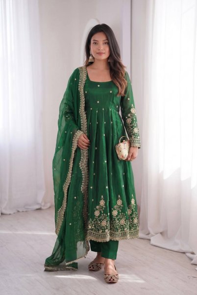 Majestic Green Women’s Fandy Silk Gown Set with Heavy Sequins Work Ready To Wear Collection