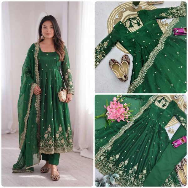 Majestic Green Women’s Fandy Silk Gown Set with Heavy Sequins Work Ready To Wear Collection