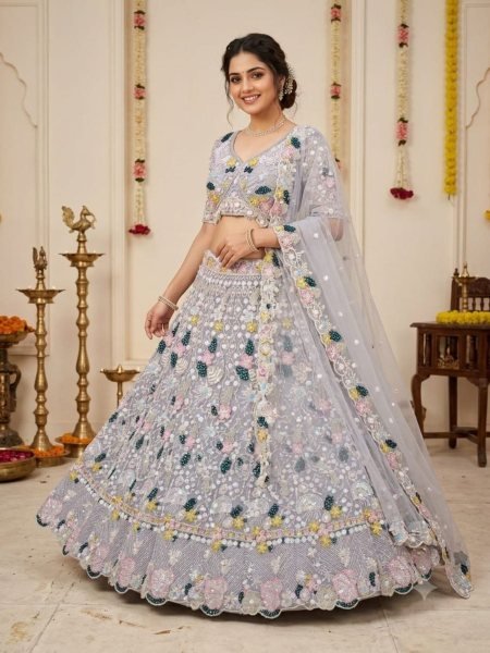 Majestic Grey Designer Butterfly Net Lehenga Choli with Multi Thread Embroidery  Lehenga