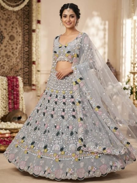 Majestic Grey Designer Butterfly Net Lehenga Choli with Multi Thread Embroidery Bridal Lehenga Choli