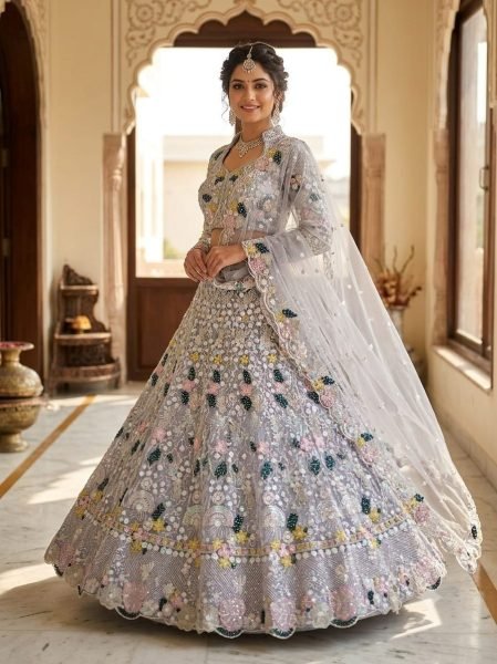 Majestic Grey Designer Butterfly Net Lehenga Choli with Multi Thread Embroidery Bridal Lehenga Choli