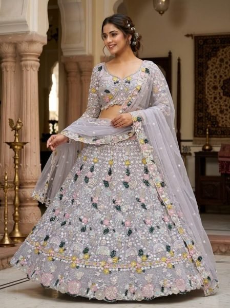 Majestic Grey Designer Butterfly Net Lehenga Choli with Multi Thread Embroidery Bridal Lehenga Choli