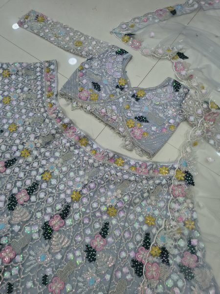 Majestic Grey Designer Butterfly Net Lehenga Choli with Multi Thread Embroidery Bridal Lehenga Choli