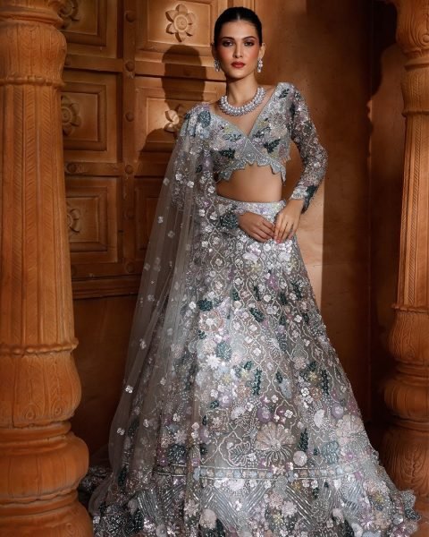 Majestic Grey Designer Butterfly Net Lehenga Choli with Multi Thread Embroidery Bridal Lehenga Choli