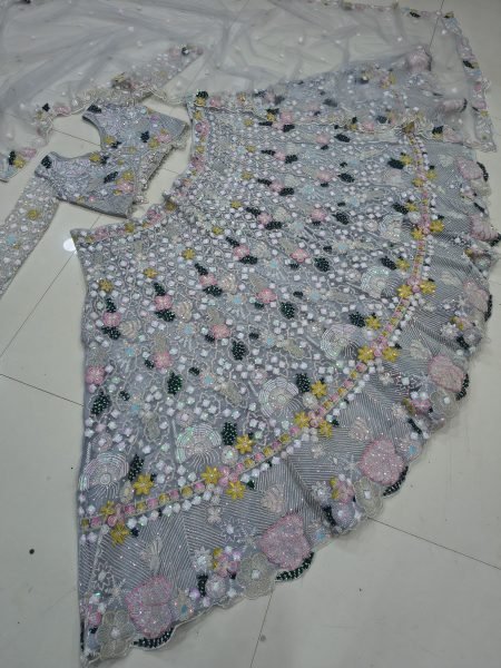 Majestic Grey Designer Butterfly Net Lehenga Choli with Multi Thread Embroidery Bridal Lehenga Choli