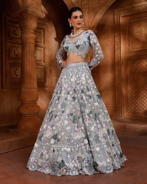 Majestic Grey Designer Butterfly Net Lehenga Choli with Multi Thread Embroidery Bridal Lehenga Choli