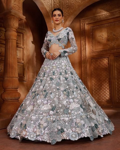 Majestic Grey Designer Butterfly Net Lehenga Choli with Multi Thread Embroidery Bridal Lehenga Choli