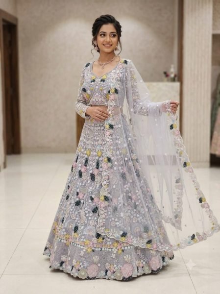 Majestic Grey Designer Butterfly Net Lehenga Choli with Multi Thread Embroidery Bridal Lehenga Choli