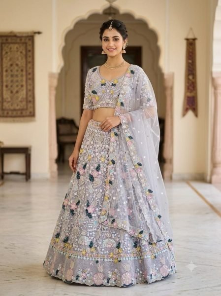 Majestic Grey Designer Butterfly Net Lehenga Choli with Multi Thread Embroidery Bridal Lehenga Choli