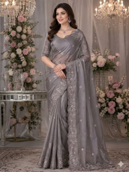 Majestic Grey Elegant NC Chiffon Saree for Wedding and Festive Wear Sarees 
