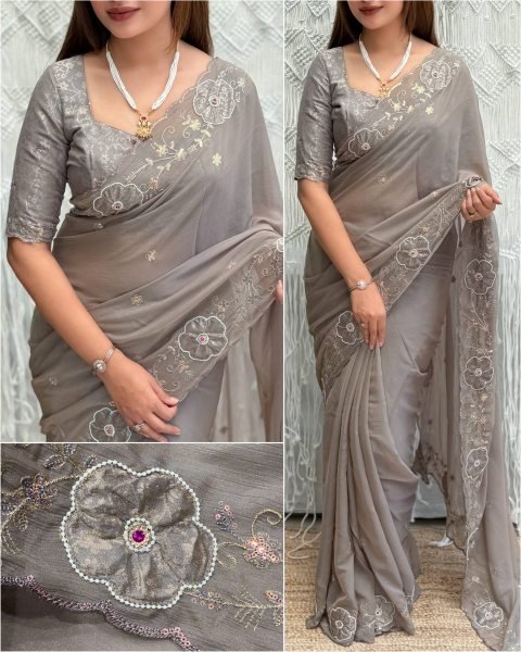 Majestic Grey Elegant NC Chiffon Saree for Wedding and Festive Wear Embroidery Sarees Wholesale