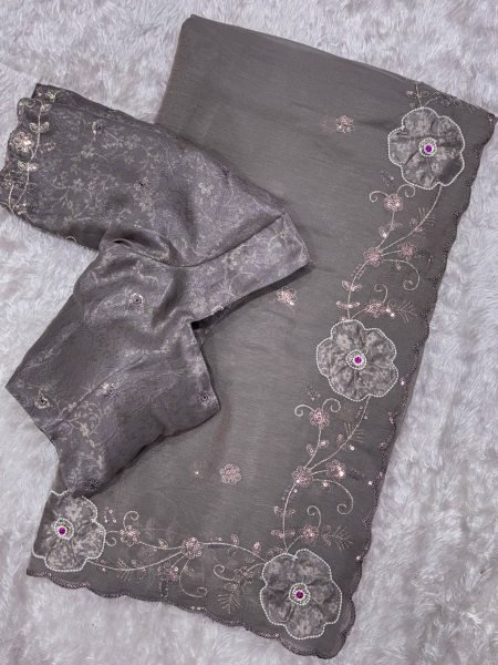 Majestic Grey Elegant NC Chiffon Saree for Wedding and Festive Wear Embroidery Sarees Wholesale