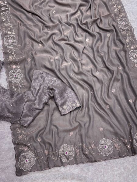 Majestic Grey Elegant NC Chiffon Saree for Wedding and Festive Wear Embroidery Sarees Wholesale