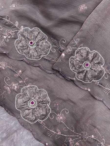 Majestic Grey Elegant NC Chiffon Saree for Wedding and Festive Wear Embroidery Sarees Wholesale