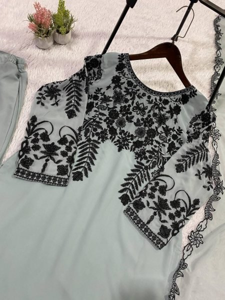 Majestic Grey Fox Georgette Pant Suit with Designer Dupatta for Women Collection Ready To Wear Collection